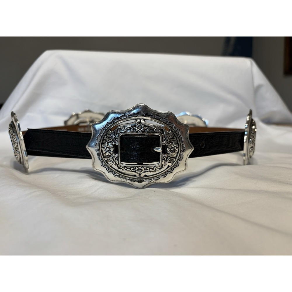 Large Vintage Concho Belt Genuine Black Leather Sz 30 Marked 1996.